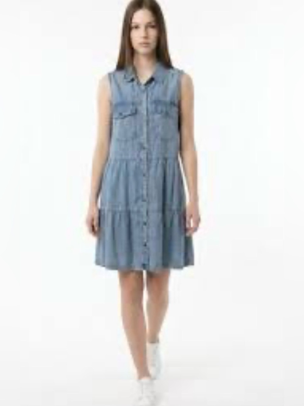 Aqua Sleeveless Chambray Tiered Button-Front Dress - Light Blue